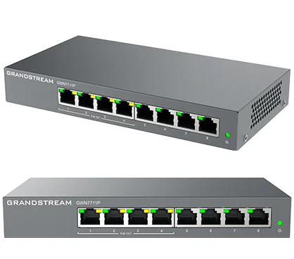 Grandstream GWN7711P Switch gestionable Capa 2. Puertos: 8x GbE 4 de ellos PoE 802.3af/at 30W y pasivo 24V, PoE budget: 60W. Capacidad de switching 16 Gbps. Qos, IGM Snooping, control tráfico unicast.
