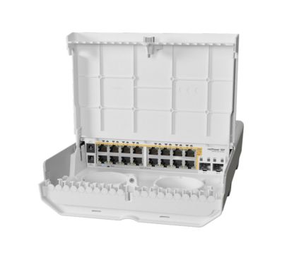 Mikrotik (NETPOWER 16P) CRS318-16P-2S+OUT Cloud Router Switch CPU de 800MHz, 256MB de RAM, 16x Gigabit LAN con salida PoE, 2x SF