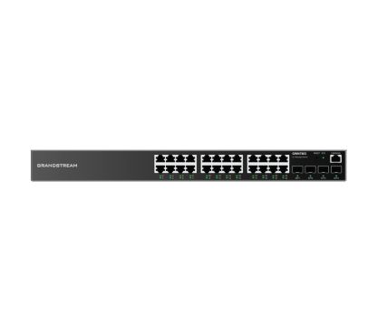 Grandstream GWN7803P Switch gestionable Capa 2+ enracable. 24 puertos GbE RJ45 con PoE budget de 360W. 4 puertos SFP. Potencia de salida por puerto PoE: >30W. Fuente integrada 400W