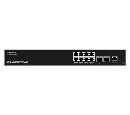 Grandstream GWN7811P Switch gestionable Capa 3 enracable. 8 puertos GbE RJ45 PoE con PoE budget 120W + 2 puertos SFP+. Rendimiento de 28Gbps y capacidad de switching de 56 Gbps. Sin ventilador