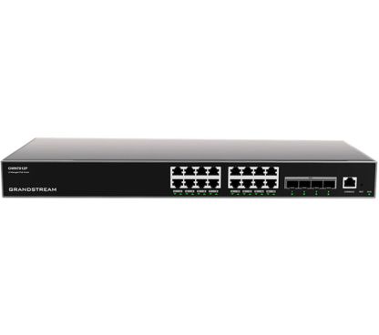 Grandstream GWN7812P Switch gestionable Capa 3 enracable. 16 puertos GbE RJ45 PoE con PoE budget 240W. 4 puertos SFP+. Rendimiento de 56Gbps y capacidad de switching de 112 Gbps.
