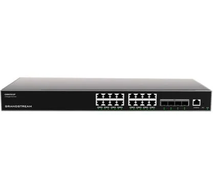 Grandstream GWN7812P Switch gestionable Capa 3 enracable. 16 puertos GbE RJ45 PoE con PoE budget 240W. 4 puertos SFP+. Rendimiento de 56Gbps y capacidad de switching de 112 Gbps.