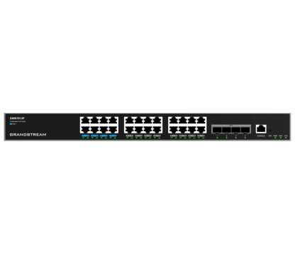 Grandstream GWN7813P Switch gestionable Capa 3 apilable y enracable. 24 puertos GbE RJ45 PoE con PoE budget 360W. 4puertos SFP+. Rendimiento: 64Gbps; Capacidad de switching: 128Gbps. PSU red
