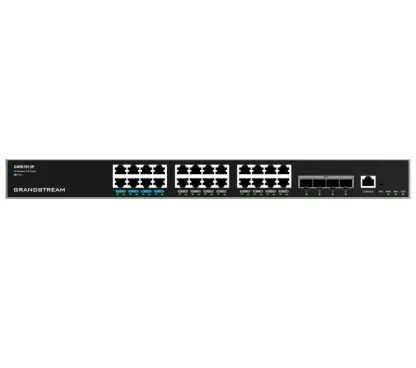 Grandstream GWN7813P Switch gestionable Capa 3 apilable y enracable. 24 puertos GbE RJ45 PoE con PoE budget 360W. 4puertos SFP+. Rendimiento: 64Gbps; Capacidad de switching: 128Gbps. PSU redundante op