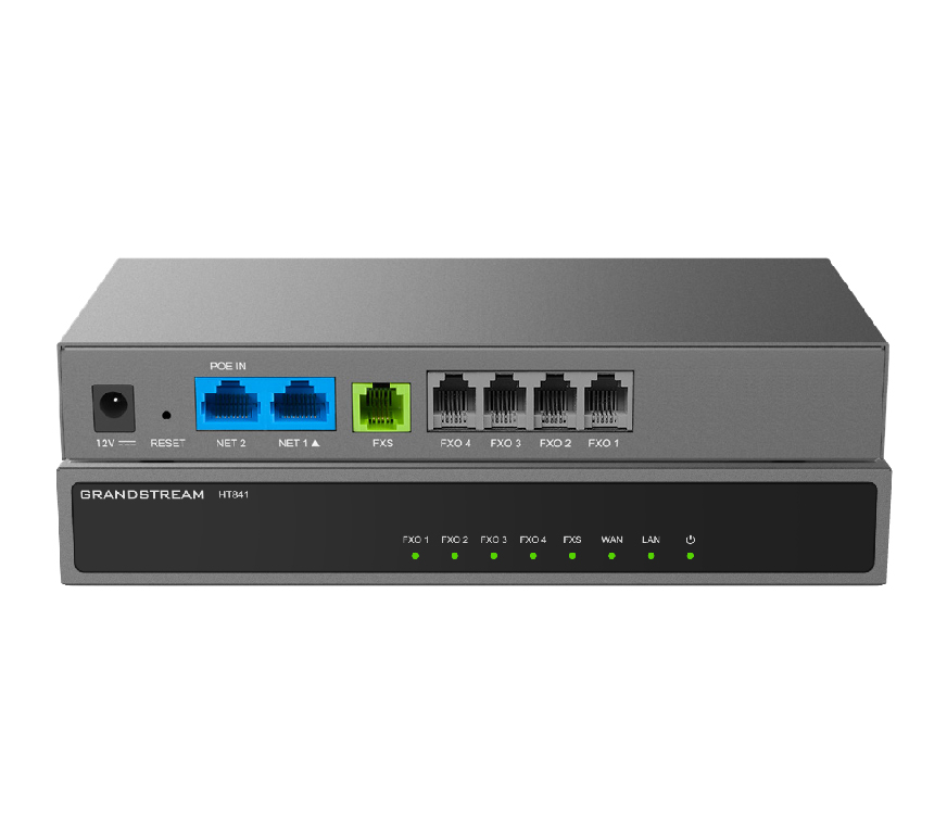 Grandstream HT841 Gateway analógico 4x FXO 1x FXS 2X RJ45 (10/100/1000 en modo bridge o 10/100 en modo NAT), uno con PoE-IN. 3 perfiles SIP a través del puerto FXS. No incluye alimentación.