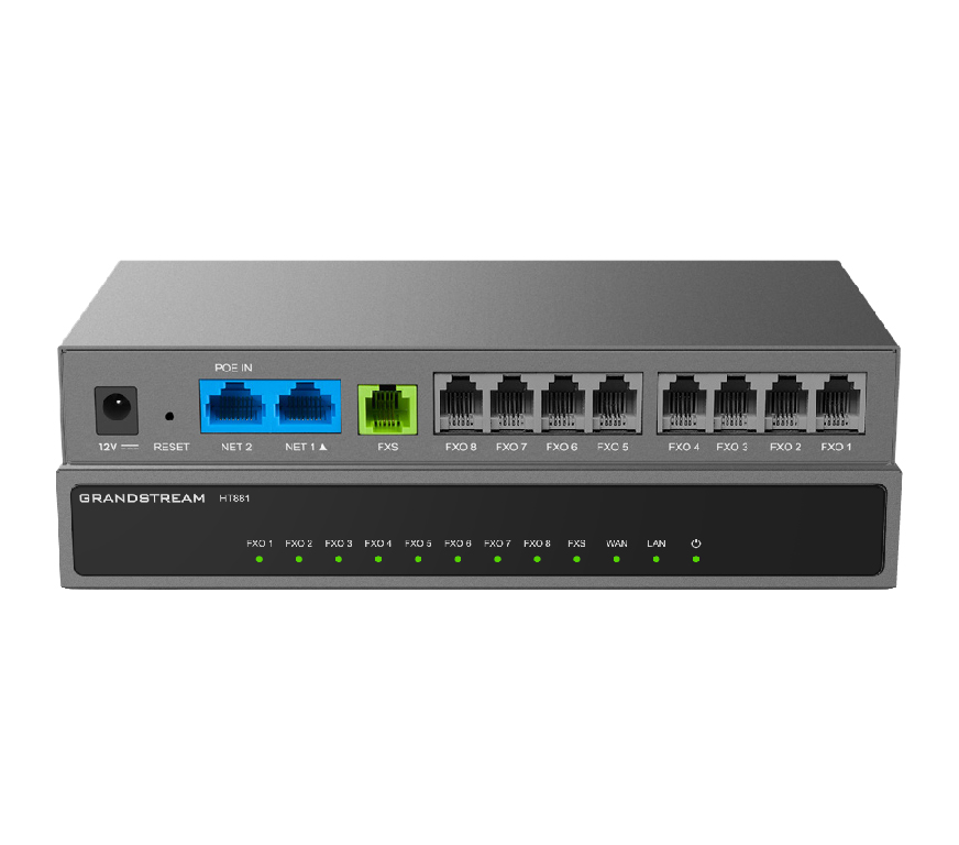 Grandstream HT881 Gateway analógio 8x FXO 1x FXS 2X RJ45 (10/100/1000 en modo bridge o 10/100 en modo NAT), uno con PoE-IN. 3 perfiles SIP a través del puerto FXS. No incluye alimentación.
