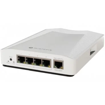 Mikrotik CRS304-4XG-IN Switch 4xEthernet 10Gb, 1xEthernet 1G para gestión, CPU dual core 1200 MHz, 512MB RAM, RouterOS L5/SwitchOS (arranque dual), caja sobremesa, fuente alimentación, kit fijación para carril DIN, PoE in
