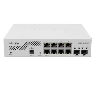 Mikrotik CRS310-8G+2S+IN Cloud Router Switch 310-8G+2S+IN con CPU de 800 Mhz, 256 MB RAM, 8 x Ethernet de 2,5 Gigabit, 2 x SFP+ , RouterOS L5, caja de sobremesa, orejas para montaje en rack fuente de alimentación