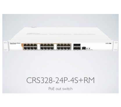 Mikrotik CRS328-24P-4S+RM Cloud Router Switch con CPU de 800 MHz, 512 MB de RAM, 24xGigabit LAN (todas con salida PoE), 4xSFP+,