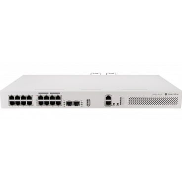 Mikrotik CRS418-8P-8G-2S+RM Cloud Router Switch con quad-core IPQ-8072 2.2GHz ARM CPU, 1 GB RAM, 98DX226S switch chip, 17 x Gigabit Eth puertos (8 con 802.3af/at PoE-out support), 2 x 10G SFP+ ports, RouterOS L5,