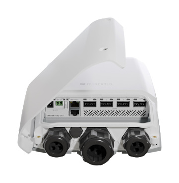 Mikrotik CRS504-4XQ-OUT Cloud Router Switch con CPU QCA9531 de 650 MHz, 128MB de RAM, chip 98DX4310, 4x QSFP28 100G, 1x 100Mb, RouterOS L5, caja para exterior IP66, PoE, fuente de alimentación, montaj