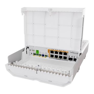 Mikrotik CSS610-8P-2S+OUT Switch con 8 puertos Gigabit 802.3af/at PoE-out, 2 alojamientos SFP+, SwitchOS, compatibilidad con UPS integrada, carcasa para exteriores, kit de montaje (fuente de alimentación NO incluida)