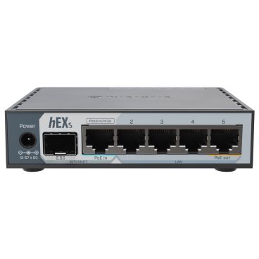 Mikrotik E60iUGS (hEX S 2025 version) Router con CPU de doble núcleo de 950 MHz, 512 MB de RAM, jaula SFP de 2,5 G, 5 puertos Gigabit Eth, USB, RouterOS v7 L4, carcasa de plástico, fuente de alimentación.