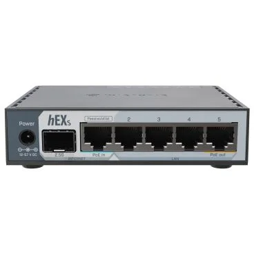 Mikrotik E60iUGS (hEX S 2025 version) Router con CPU de doble núcleo de 950 MHz, 512 MB de RAM, jaula SFP de 2,5 G, 5 puertos Gigabit Eth, USB, RouterOS v7 L4, carcasa de plástico, fuente de alimentación.