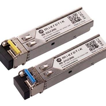 Mikrotik HS-2733LC20D Par de módulos transceptores SFP compuesto por: HS-27LC20D (1,25 Gbps/2,5 Gbps para fibra óptica monomodo (SM), alcance de hasta 20 km + HS-33LC20D (1,25 Gbps/2,5 Gbps para fibra óptica monomodo (SM),