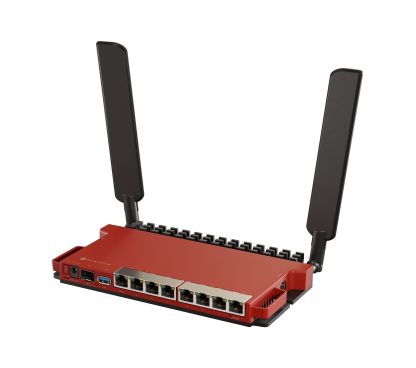 Mikrotik L009UiGS-2HaxD-IN con dual core 800MHz CPU, 512MB RAM, 8 x Gbit LAN, 1 x 2.5 Gbit SFP port, wireless doble cadena