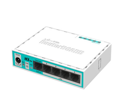 Mikrotik RB/750 (RB750r2 hex lite) hEX lite con CPU de 850MHz, 64MB de RAM, 5 puertos LAN, RouterOS L4, caja de plástico y fuent