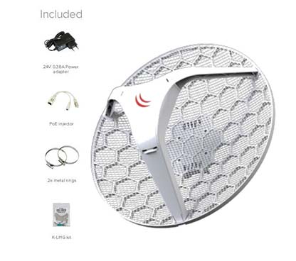 Mikrotik RB/LHG-5ND LHG 5 con antena de 24,5dBi 5GHz, wireless 802.11an de doble cadena, CPU de 600MHz, 64MB RAM, 1x LAN, POE, f