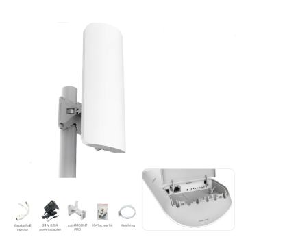 Mikrotik RB911G-2HPnD-12S mANTBox 2 12s con antena sectorial de 12dBi 120 grados a 2.4Ghz, wireless doble cadena 802.11bgn, CPU de 600MHz, 64MB RAM, 1xGigabit LAN, fuente de alimentación, PO