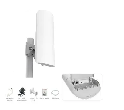 Mikrotik RB911G-2HPnD-12S mANTBox 2 12s con antena sectorial de 12dBi 120 grados a 2.4Ghz, wireless doble cadena 802.11bgn, CPU de 600MHz, 64MB RAM, 1xGigabit LAN, fuente de alimentación, POE, montaje
