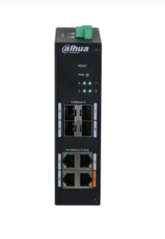 Dahua DH-HS4408-4ET-60 - Switch Industrial Gestionable Layer 2, 8x Puertos (4x 10/100Mbps PoE + 4x Uplink SFP Gbps), Puertos PoE: 1x PoE++ (60W) y 3x PoE+ (15/30W), PoE Budget 60W, Temperatura de Funcionamiento –40 °C a +45 °C ,