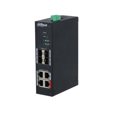 Dahua DH-HS4408-4ET-96 - Switch Industrial Gestionable Layer 2, 8 Puertos (4× 10/100Mbps PoE + 4x Gbps SFP Uplink), Puertos PoE: 1x PoE++ (90W), 3x PoE+ (30W), PoE Budget 96W, Temperatura de Funcionamiento de –30 °C a +65 °C, Car