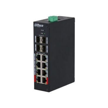 Dahua DH-HS4412-8ET-120 - Switch Industrial Gestionable Layer 2, 12 Puertos (8× 10/100Mbps PoE + 4x Gbps SFP Uplink), Temperatura de Funcionamiento de –30 °C a +65 °C, PoE, Carril DIN