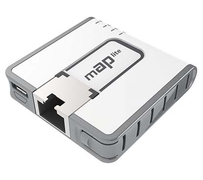 Mikrotik RBmAPL-2nD (mAP lite) con CPU de 650Mhz, 64MB de RAM, 1xLAN, wireless de doble cadena 802.11bgn a 2.4Ghz con antenas in