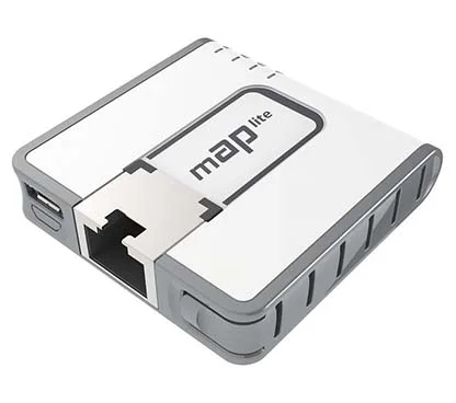Mikrotik RBmAPL-2nD (mAP lite) con CPU de 650Mhz, 64MB de RAM, 1xLAN, wireless de doble cadena 802.11bgn a 2.4Ghz con antenas in