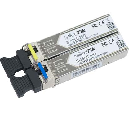 Mikrotik S-3553LC20D Par de dos modulos SFP Bidi: S35LC20D (1.25G SM 20km T1310nm/R1550nm) + S53LC20D (1.25G SM 20kmT1550nm/R13
