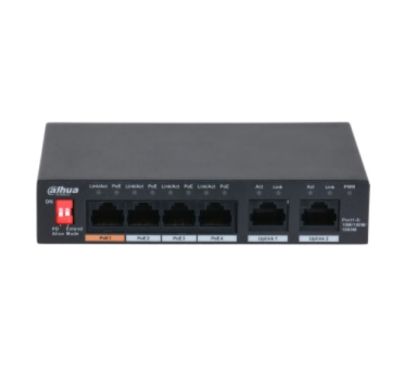 Dahua DH-PFS3006-4GT-60-V2 DH-PFS3006-4GT-60 is an unmanaged Desktop Switch with 4 × 10/100/1000 Mbps PoE Ports. It provides 4 × 10/100/1000 Mbps Ethernet ports and 2 × 10/100/1000 Mbps uplink ports.