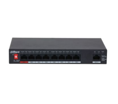 Dahua DH-PFS3009-8ET1GT-96-V2 DH-PFS3009-8ET1GT-96 is an unmanaged Desktop Switch with 8 × 10/100Mbps PoE Ports. It provides 8*10/100 Mbps Ethernet ports and 1 × 10/100/1000 Mbps uplink ports. The pro