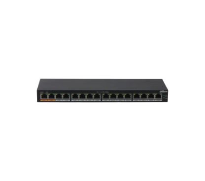 Dahua DH-PFS3016-16GT-190 Unmanaged PoE switch High performance switch chip, large cache, no lag video IP40 full metal enclosure, wide temperature range design No network management required, plug and