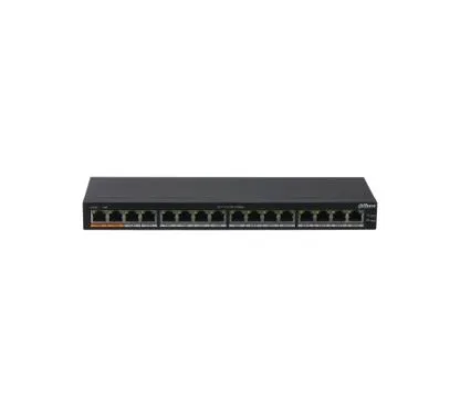 Dahua DH-PFS3016-16GT-190 Unmanaged PoE switch High performance switch chip, large cache, no lag video IP40 full metal enclosure, wide temperature range design No network management required, plug and