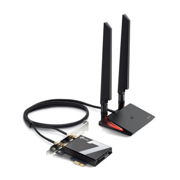 TP-Link Archer TBE550E BE9300 Tri-Band Wi-Fi 7 Bluetooth PCI Express Adapter SPEED: 5760 Mbps at 6 GHz + 2880 Mbps at 5 GHz + 688 Mbps at 2.4 GHz SPEC: 2× High Gain Tri-Band External Antenna