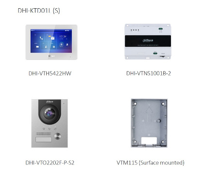 Dahua DHI-KTD01L(S) Kit de videoportero IP 2 hilos montaje superficie con VTO2202F-P-S2, VTH5422HW y DHI-VTNS1001B-2