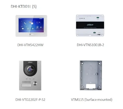 Dahua DHI-KTD01L(S) Kit de videoportero IP 2 hilos montaje superficie con VTO2202F-P-S2, VTH5422HW y DHI-VTNS1001B-2