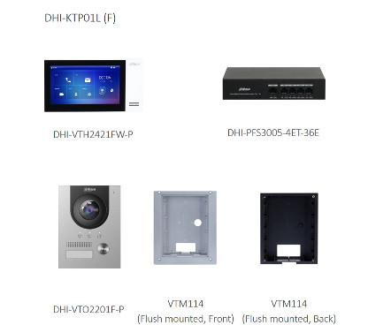 Dahua DHI-KTP01L(F)-S2 Kit videoportero IP: 1x videoportero IP DHI-VTO2201F-P. 1x monitor IP VTH2421FW-P y 1x switch 4 puertos PoE, montaje empotrado