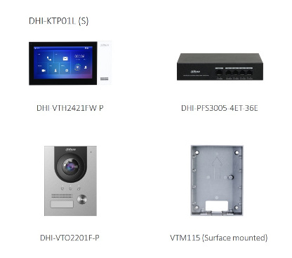 Dahua DHI-KTP01L(S)-S2 Kits. 1x videoportero IP DHI-VTO2201F-P-S2, 1x monitor IP VTH2421FW-P, 1x switch PoE de 4 puertos.