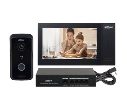 Dahua DHI-KTP02 Kit de videoportero IP con DHI-VTO2111D-P-S2, DHI-VTH2421FB-P y DH-PFS3005-4ET-36