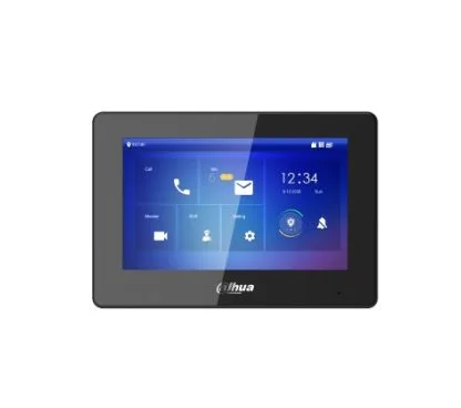 Dahua DHI-VTH5422HB-W Elegant design with PC and ABS material. Built-in Linux OS. 7" capacitive touch screen, 1024 × 600. Displays the camera's image when it receives a call from the door station. 6-c