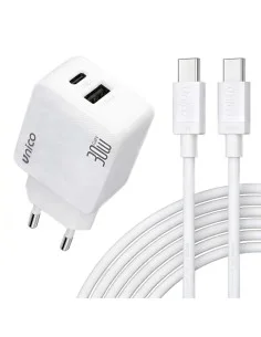 CARGADOR 5V ENCHUFE X1 USB C X1 USB A 30W BLANCO PN: HC6139 EAN: 8435719661396