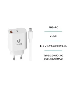 CARGADOR 5V ENCHUFE USB TYPE A, USB TYPE C 30W BLANCO PN: HC4174 EAN: 8435719641749