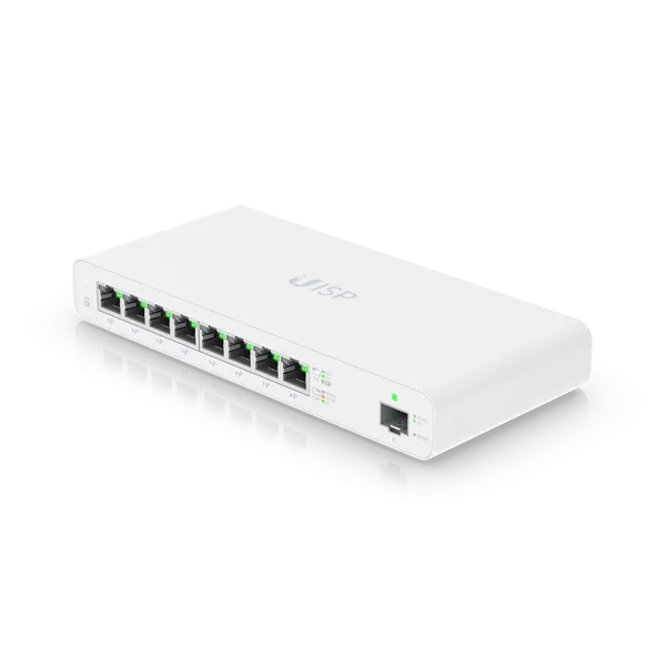 Ubiquiti UISP-S Switch Gigabit PoE capa 2 para aplicaciones MicroPoP con 8x RJ45 GbE PoE pasivo 27V que admiten los modos de
