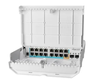 Mikrotik (NETPOWER 15FR) CRS318-1Fi-15Fr-2S-OUT CPU de 800MHz, 256MB de RAM, 16 puertos Ethernet de 10/100Mbps (15 con