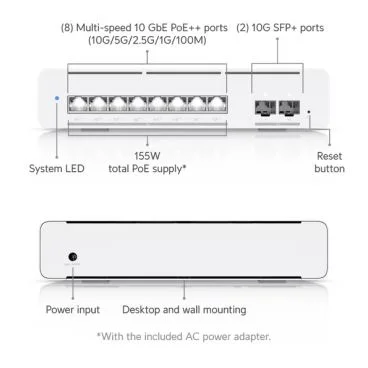Ubiquiti USW-Pro-XG-8-PoE Switch compacto de capa 3 con 8 puertos 10 GbE RJ45 PoE ++ y 2 puertos SFP+ de 10 Gigas