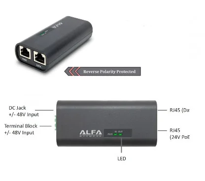 Alfa Network DDC-4824PoE 48VDC to 24V PoE Adapter with Redundant Dual-Input, provide power and acces to device at the same