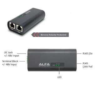 Alfa Network DDC-4824PoE 48VDC to 24V PoE Adapter with Redundant Dual-Input, provide power and acces to device at the same