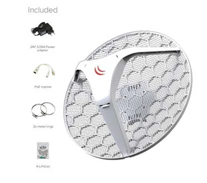 Mikrotik RB/LHG-5ND LHG 5 con antena de 24,5dBi 5GHz, wireless 802.11an de doble cadena, CPU de 600MHz, 64MB RAM, 1x LAN