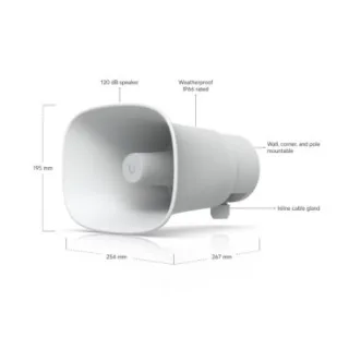Ubiquiti UP-AI-Horn-Speaker-W Altavoz de bocina PoE de 120dB para todo tipo de condiciones meteorologicas, funcionalidad de